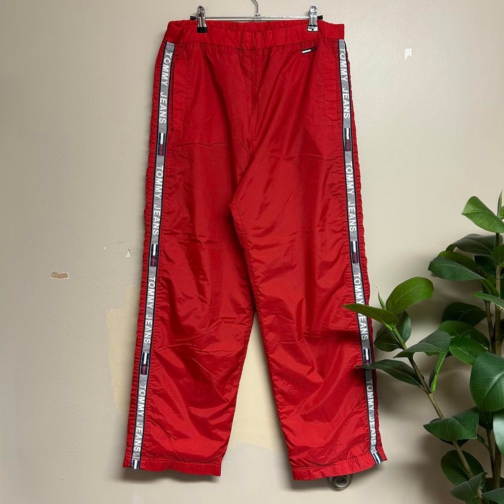 Vintage 90s Tommy Jeans Red Striped Script Nylon Track Pants Mens Small